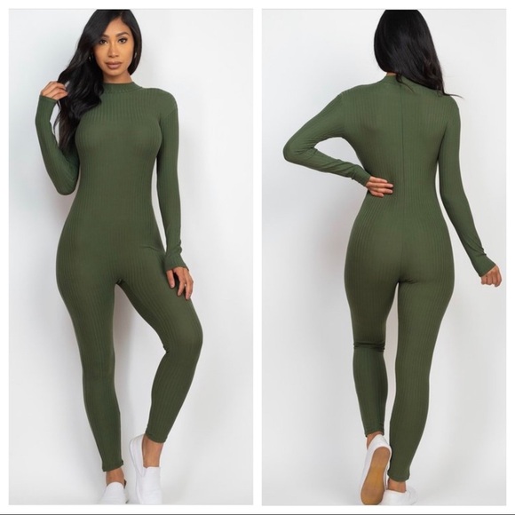 OLIVE RIBBED MOCK NECK LONG SLEEVE JUMPSUIT ROMPER - Picture 2 of 9